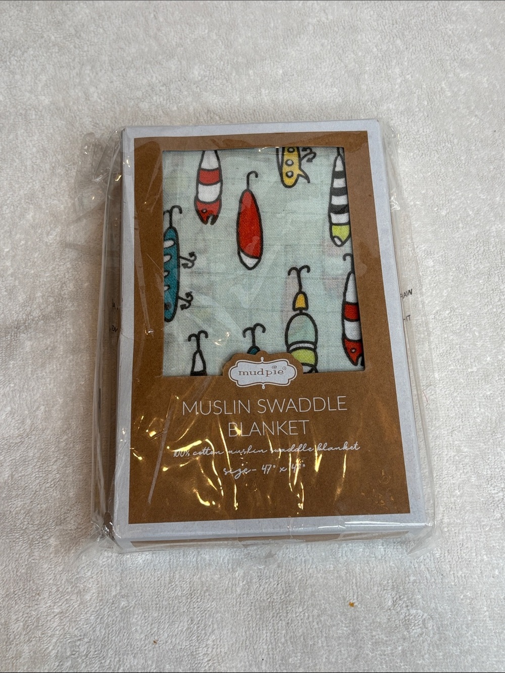 Mud Pie Fishing Lure Muslin Swaddle Blanket 47x47 New In Box Baby Boy